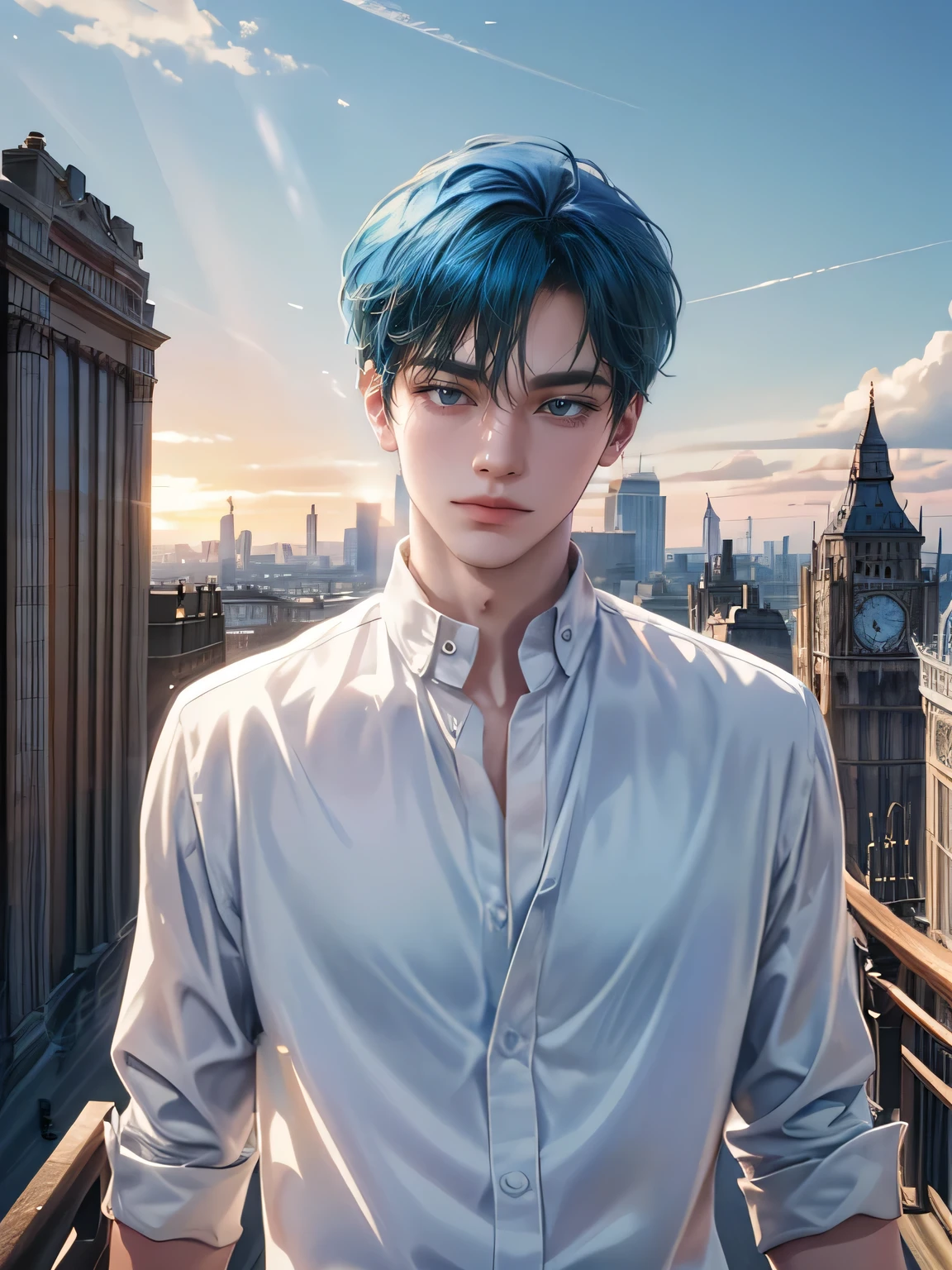 ((4K works))、​masterpiece、(top-quality)、One Beautiful Boy、Slim body、tall、((Attractive British style))、(Detailed beautiful eyes)、Fashionable British cities、Daytime city、((Walking through a city in the UK))、((Daytime bright sky))、((Cities in United Kingdom))、((Shot in UK cities))、mid night、((Short-haired bright blue hair))、((Smaller face))、((White eyes))、((American adult male))、((Adult male 26 years old))、((Cool Men))、((Like a celebrity))、((Smile showing teeth and smiling))、((Korean Makeup))、((elongated and sharp eyes))、((Happy dating))、((boyish))、((Upper body photography))、((Happy dating))、Professional Photos、((Shot alone))、((Shot from diagonally in front))、((Shot in close proximity to him))、((He is walking in front of the viewer))、((Focus zoom in))