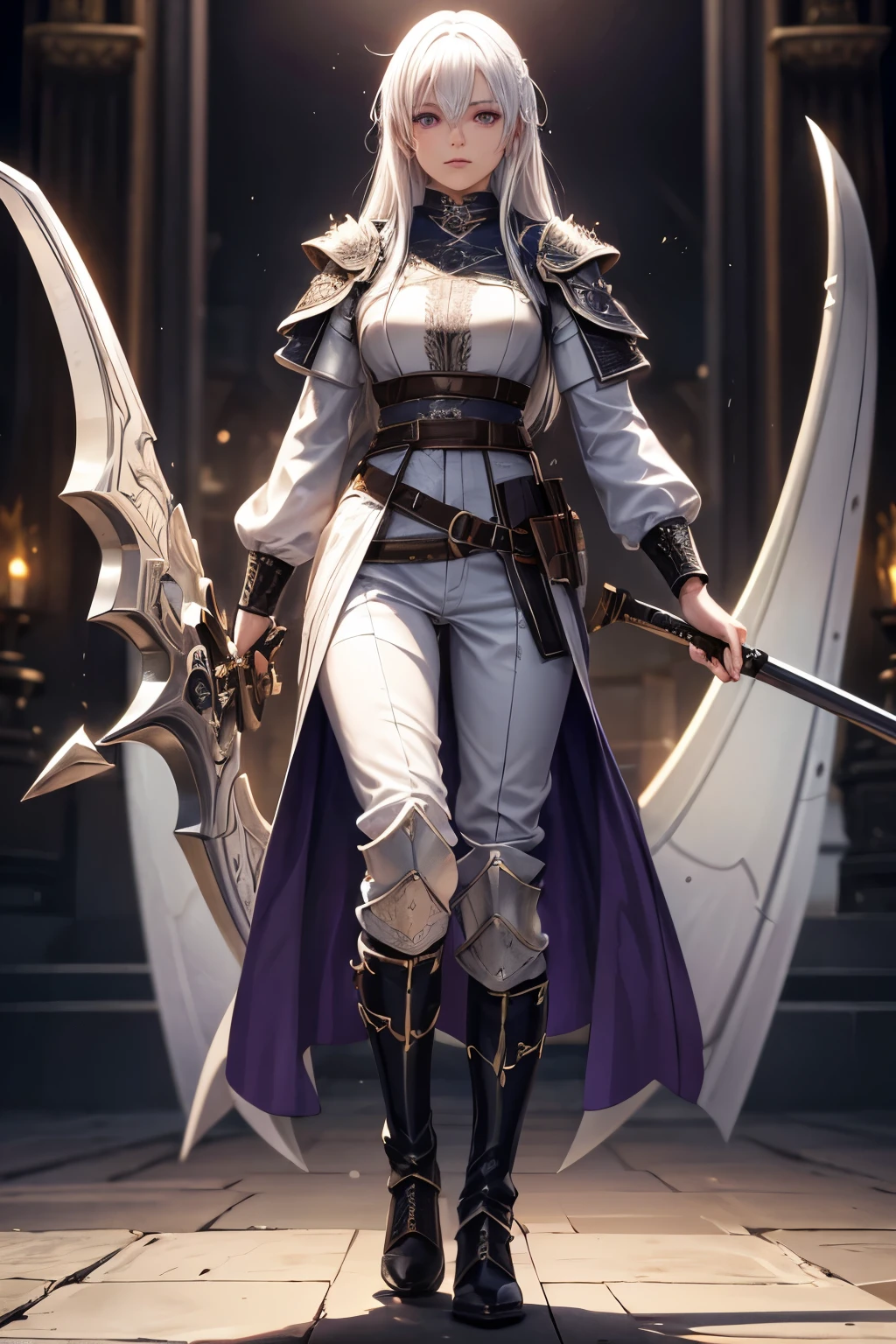 young adult girl, scythe, white hair, purple eyes, medieval adventurer, long pants, boots, light armor, weapons gear and accesories, highest quality, skin texture, intricate details, (cinematic lighting), RAW photo, 8k, masterpiece,best quality,ultra-detailed,very detailed illustrations,extremely detailed,intricate details,highres,super complex details,extremely detailed 8k cg wallpaper,