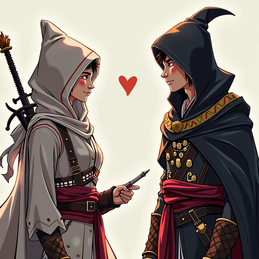 Je voidrais genere une image de mon avatar recevant la plume pour ecrire de l’avatar de ma muse mon avar es Ezio de assassin’s creed et l’avatar de ma muse c’est Niele de bleach et lle me donne la plume pour ecrire nous nois tenons face a face 