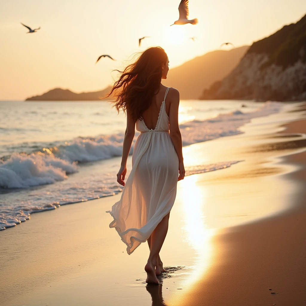 Beautiful woman walking on the seaside