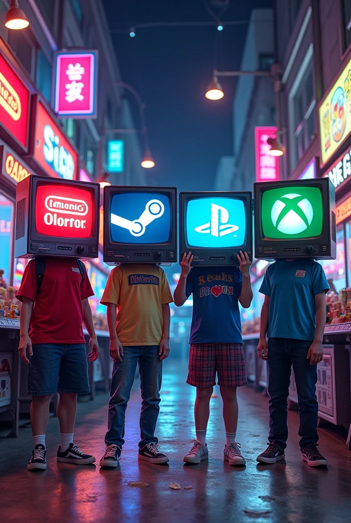 Boys with TV-shaped heads with the Nintendo Logo, Steam logo, Playstation logo, Xbox version logo manga