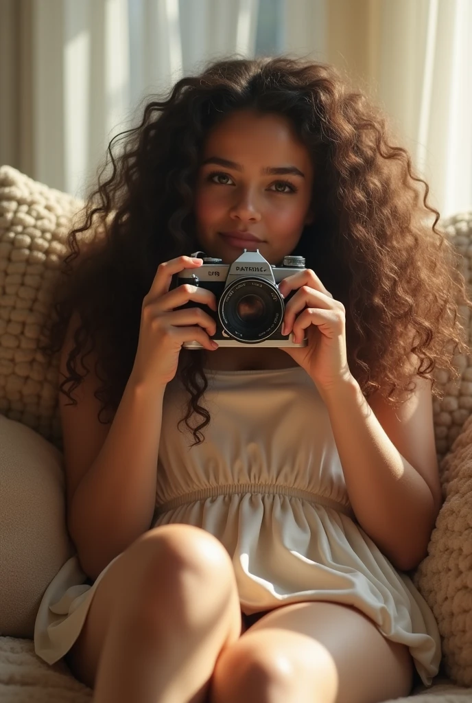 A brunette girl with curly hair and big breasts sits with her legs stretched out, taking a realistic photo