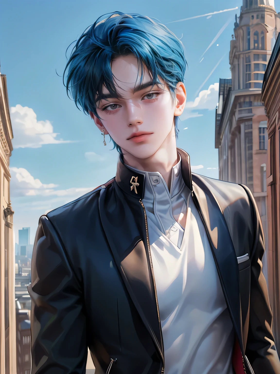 ((4K works))、masterpiece、(top-quality)、One Beautiful Boy、Slim body、tall、((Attractive British style))、(Detailed beautiful eyes)、Fashionable British cities、Daytime city、((Walking through a city in the UK))、((Daytime bright sky))、((Cities in United Kingdom))、((Shot in UK cities))、mid night、((Short-haired bright blue hair))、((Smaller face))、((White eyes))、((American adult male))、((Adult male 26 years old))、((Cool Men))、((Like a celebrity))、((Smile showing teeth and smiling))、((Korean Makeup))、((elongated and sharp eyes))、((Happy dating))、((boyish))、((Upper body photography))、((Happy dating))、Professional Photos、((Shot alone))、((Shot from diagonally in front))、((Shot in close proximity to him))、((He is walking in front of the viewer))、((Focus zoom in))