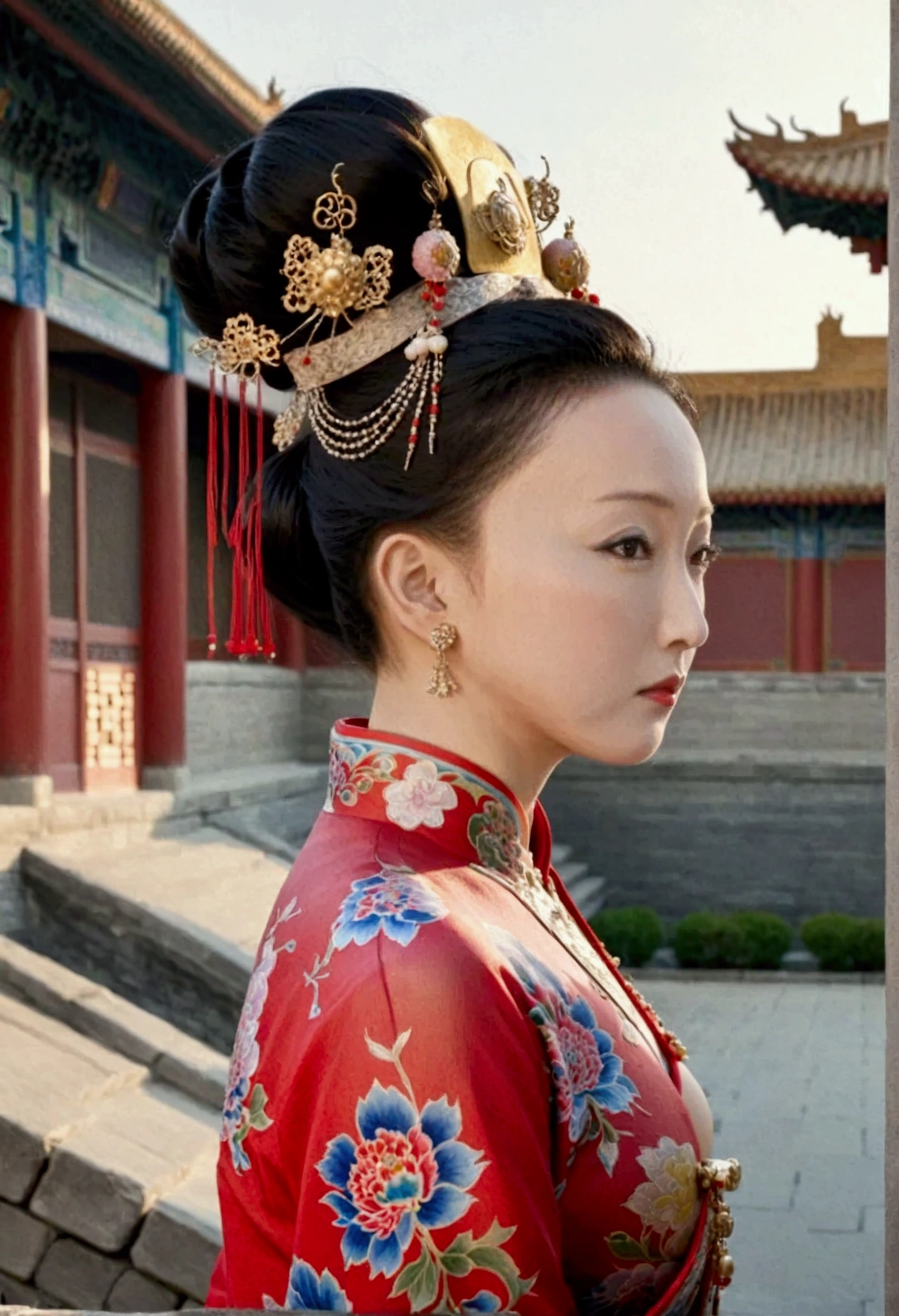 Qing dynasty empress naked and slightly busty, posing on all fours, buttocks protruding from profile, background outside Qing dynasty palace