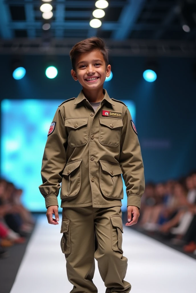 Cute brown boy wearing khaki army camouflage uniform in full body realistic style fashion show