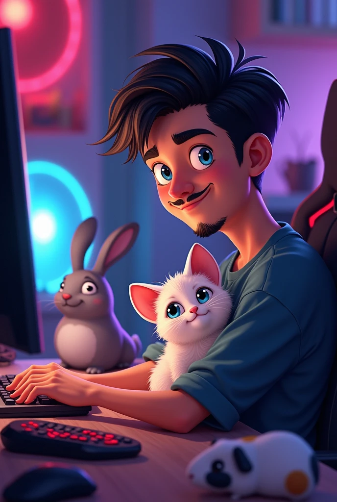 Create a 2D animated image of a 20-year-old man with short black hair, a black mustache, and a short black beard, with a Birman kitten on a background of a gaming PC. In the background, there is a giant gray Flemish giant rabbit and a white guinea pig with a black spot on one ear and an orange spot on the other ear. 