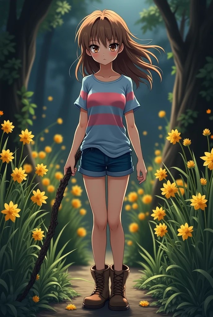 anime girl, having piece of tree branch, horizontal stripes of light blue and pink, blue shorts, brown boots, narrow eyes, semi long brown hair, golden flower garden, dark place