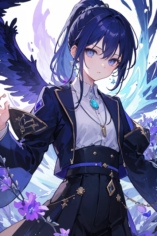 (High quality),(masterpiece),(Beautiful),1 Girl, solo, beautiful,long navy blue hair, ponytail, lavender eyes, high neck shirt,collared full sleeves jacket,amethyst crystal locket, cold gaze, mysterious, blue phoenix in background, soft blue flames, blue flowers