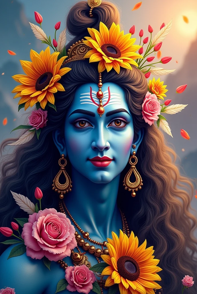 Create a fantastic lord shiva . A mix of lord krishna and bramha,lord shiva face,gangadevi on the head, sunflower, lilies, daisy, roses,feathers on the head, color full, rainbow colours,spectacular, vibrant, no signature, no watermark