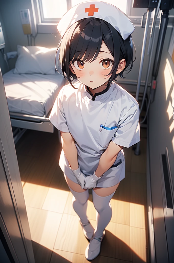 1boy, solo, male focus, nurse, white nurse cap, white nurse uniform, ((white legwear, zettai ryouiki)), white gloves, bobcut, blue hair, orange eyes, no impression, standing, ((hospital room)), sharp outline, short sleeves, shota, , best quality, masterpiece