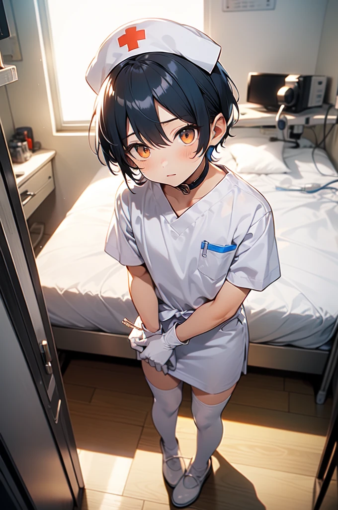 1boy, solo, male focus, nurse, white nurse cap, white nurse uniform, ((white legwear, zettai ryouiki)), white gloves, bobcut, blue hair, orange eyes, no impression, standing, ((hospital room)), sharp outline, short sleeves, shota, , best quality, masterpiece