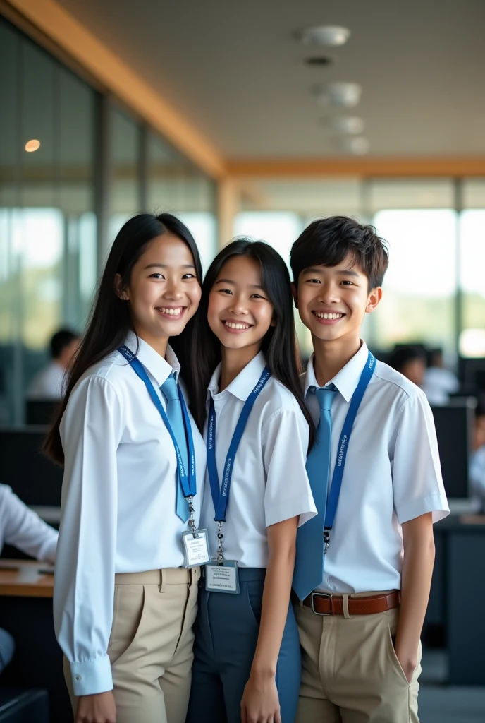 (Masterpiece),(complication:1.3),(realistic),The image is very complex,Image of 3 men and women,smile happily,คนที่1 ภาพเหมือนของหญิงสาว18 years old,Thai face,The most beautiful in the world,long black hair,(White long-sleeved shirt, light blue tie),Person 2, portrait of a young woman,Age 15-17,Half Thai-British face,The most beautiful in the world,short golden hair,(White long-sleeved shirt, light blue tie),The third picture is a portrait of a man.,18 years old, Thai face,The most handsome in the world,black hair, (White long-sleeved shirt, light blue tie),Everyone is wearing a blue student ID lanyard,(In the computer room),แสงแดดอ่อนมภาพถ่ายมืออาชีพของผู้หญิงที่Amazingอย่างละเอรยด,ภาพถ่ายมืออาชีพของผู้ชายที่Amazingอย่างละเอียด,focus,Amazing,Awarded the best photographer in the world,Cinematic lighting,Octane makes the engine not real volume dtx,Computer background,Horizontal image,(Firm physique,blurred background,The foreground is blurry.,Bokeh,depth of field,Blurred motion:1.3)