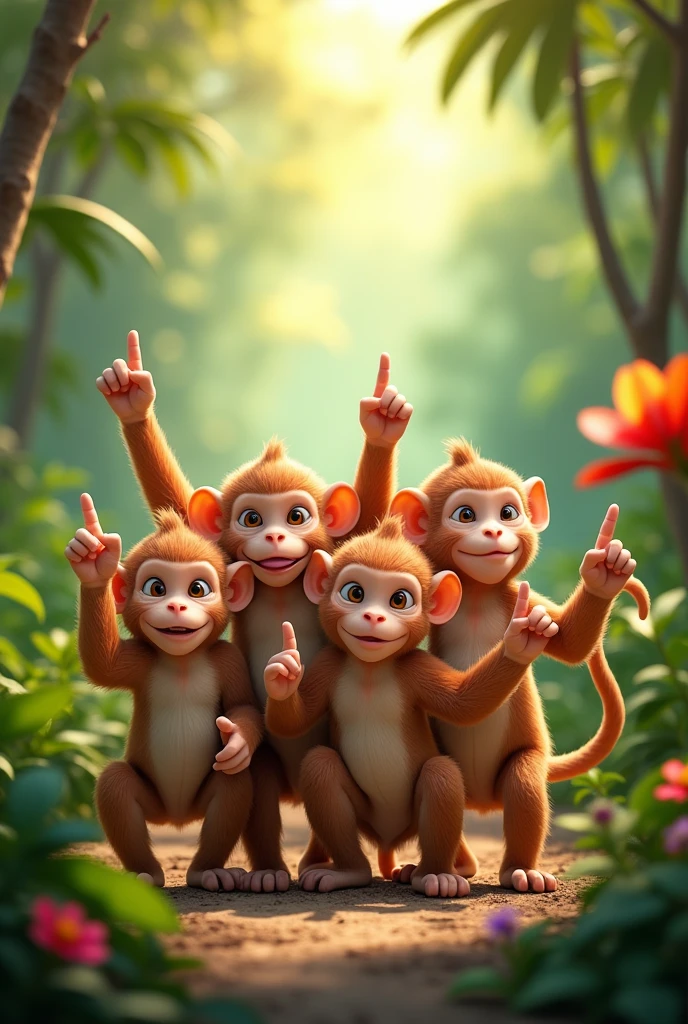 A troop of monkeys with their index fingers raised.