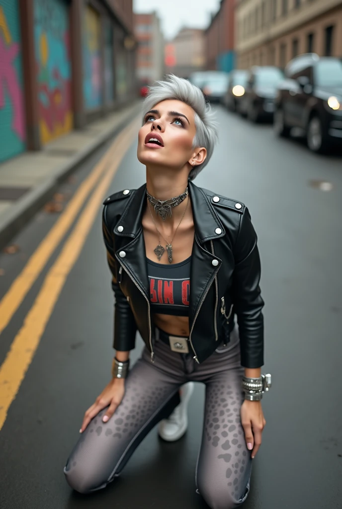 russian milf woman, grey hair (quiff shaved sides), with very light blue eyes, extremely pale. Wearing cropped black moto jacket (badges on lapels), tank top with rock logo, dark grey skinny leopard print leggings and white tennis sneakers. Lots of metallic wide silver bracelets, a tacky chain and a padlock as a collar. Tacky studded leather belt with oversized chanel buckle. long earrings. Kneeling looking up, eyes and mouth wide open in amazement. Tilted head. Tattooed. Hands on her knees. Chin up, looking up listening in amazement to God. Well toned abdominals, thin legs and thin arms.