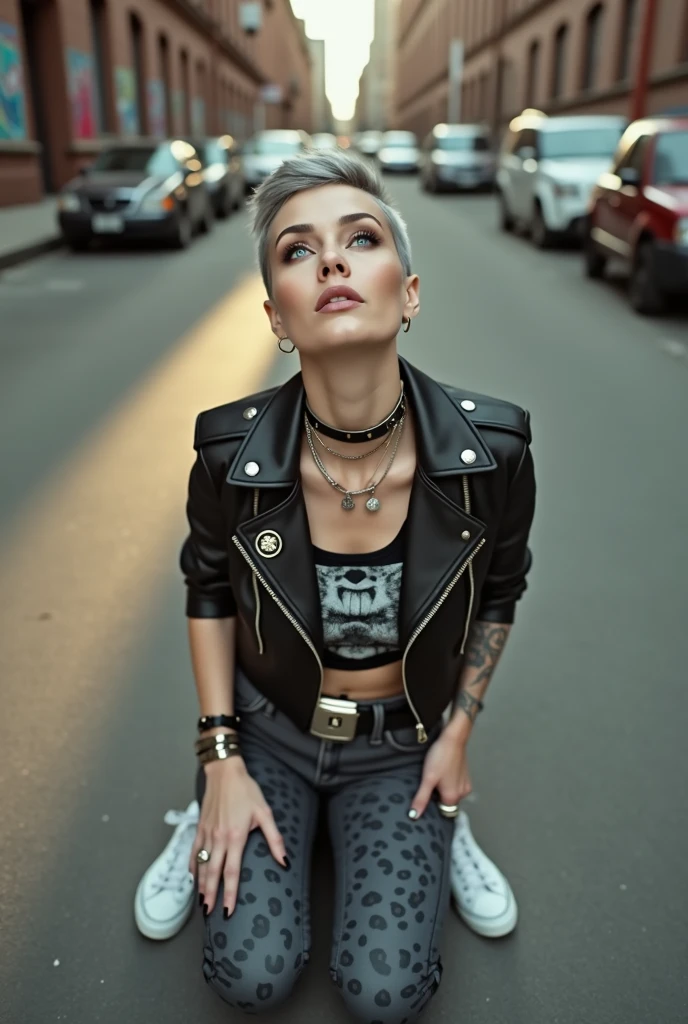 russian milf woman, grey hair (quiff shaved sides), with very light blue eyes, extremely pale. Wearing cropped black moto jacket (badges on lapels), tank top with rock logo, dark grey skinny leopard print leggings and white tennis sneakers. Lots of metallic wide silver bracelets, a tacky chain and a padlock as a collar. Tacky studded leather belt with oversized chanel buckle. long earrings. Kneeling looking up, eyes and mouth wide open in amazement. Tilted head. Tattooed. Hands on her knees. Chin up, looking up listening in amazement to God. Well toned abdominals, thin legs and thin arms.