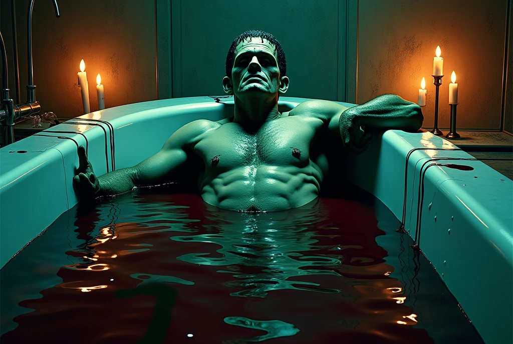 a comic style frankenstein lying in a bathtub full of water, close-up of an arm with a trickle of blood dripping down, blood mixes with water, horror, dark fantasy, dramatic lighting, rich colors, highly detailed, masterpiece, (best quality,4k,8k,highres,masterpiece:1.2),ultra-detailed,(realistic,photorealistic,photo-realistic:1.37)