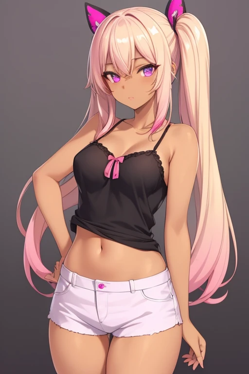 ultra-detailed,
master piece,best quality,high resolution,
beautiful eyes,detailed eyes,detailed face,
beautiful detailed eyes,symmetrical clear eyes,
(((1girl))), Purple eyes, Blonde,浅Dark Skin, (Dark Skin:1.1),(Pink gradient at the ends of the hair:1.4), Short tsun tail,Perm Hair,((Thigh-high socks)),Short denim pants,camisole,No sleeve,medium breasts,(wide hip:1.6),