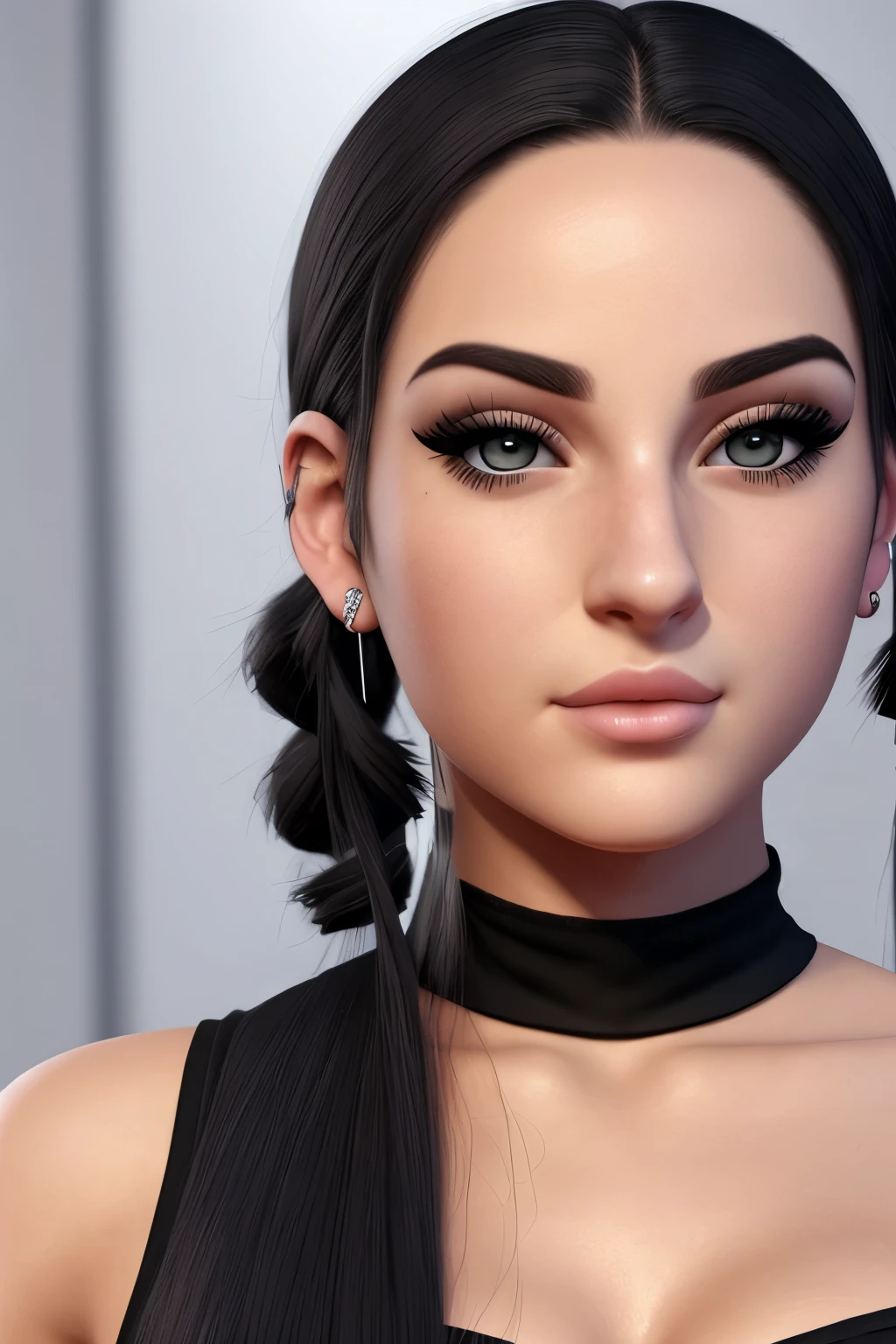 The face of a young woman, dark eyes, black pigtails, nose piercing, ear rings, full lips, index finger in front of the lips, head on side, detailed face, realistic, datailed lips, busty