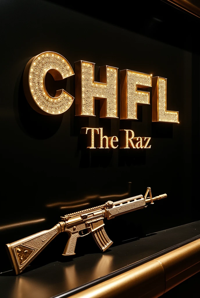 The letters “CHFL” in gold with diamonds, with a black background with a soft drink and below the letters in smaller letters put “The R” and an assault rifle