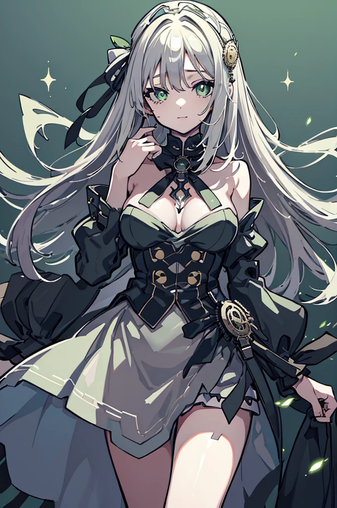 (masterpiece_portrait),(bishoujo),(pixiv),(Steampunk),(-anime-aesthetic),(brush),(female_focus),(cowboy_shot),(looking_at_viewer),convention,(1girls),maid,curvy,White_skin,sharp_face,long_hair,black_hair,pointy_hair,hair_between_eyes,light_green_eyes,glowing_pupils,star-shaped_pupils,medium_breanding,Happy_face,Closed_mouth,(reaching_out),White_negligee
