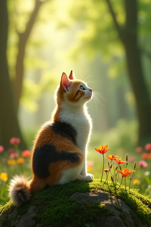 Cat、Background in the forest、Back view, Gaze, smile,