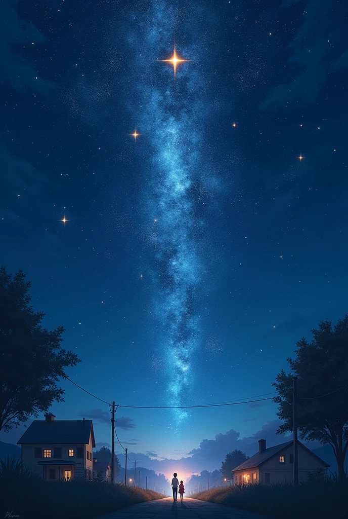  The stars in the night sky shine brightly、The moment before the miracle happened。
detailed: In a rural town on a blackout night、Shining Star々fills the sky。especially「Star」A star called、Shining brightly in the night sky、The light is depicted as illuminating the entire town.。On the ground、The silhouettes of Ryo and Yuu looking up at the night sky are small.、It looks like it&#39;s surrounded by starlight。