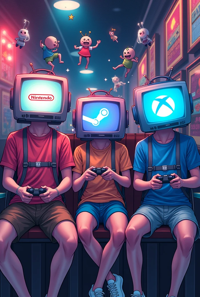 Boys with TV-shaped heads with the Nintendo Logo, Steam logo, Playstation logo, Xbox version logo manga