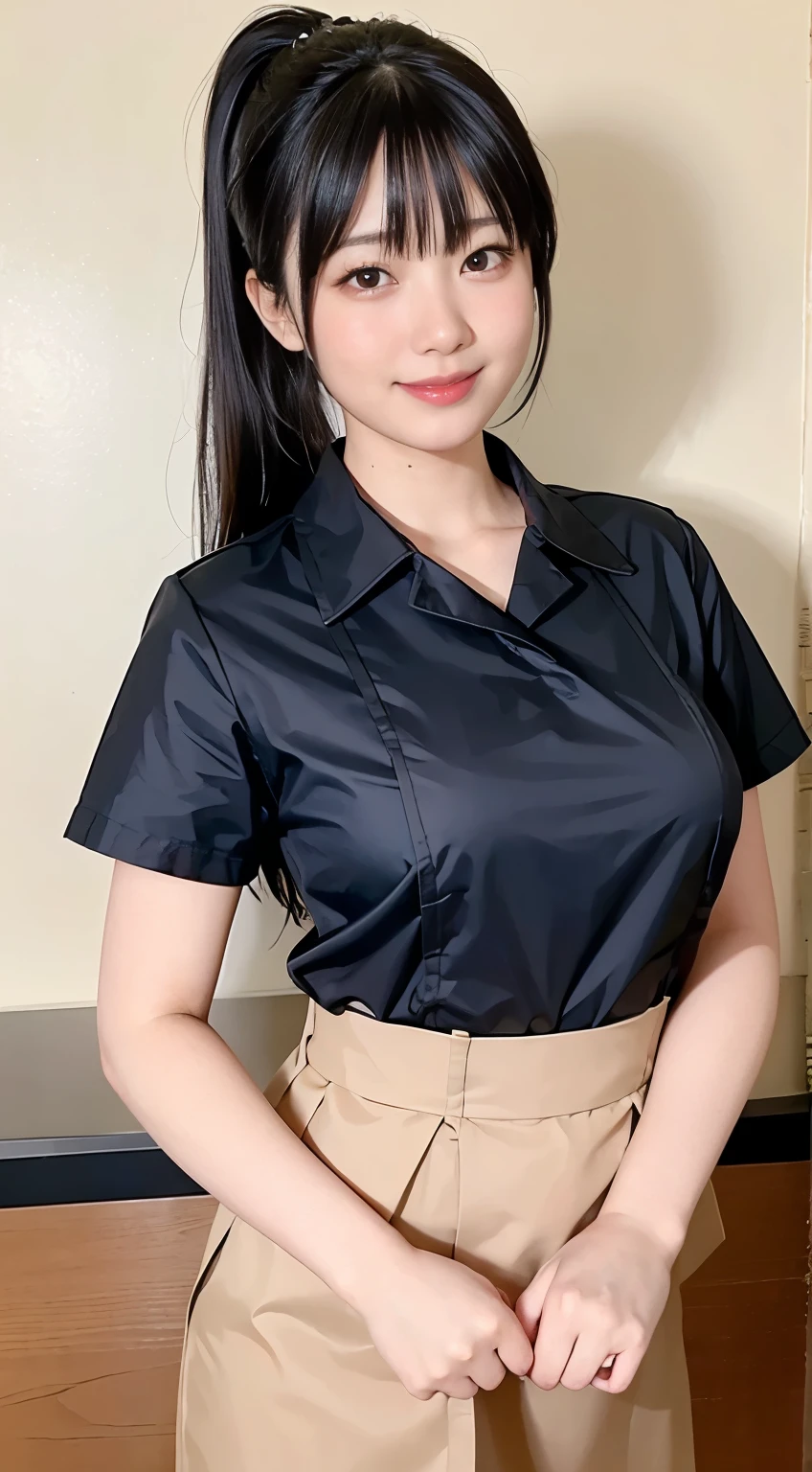 (Highest quality,masterpiece:1.3,Ultra-high resolution,),(Very detailed,Caustics),(Realistic:1.4,RAW shooting,)Ultra-Realistic Capture,Very detailed,High resolution 16K human skin closeup。 Natural skin texture、,pores、、、、It must be detailed enough to be easily identifiable。 Skin tone is even and healthy looking。 Use natural light and color,restaurant,Waitress Uniform,1 person,Japanese,18-year-old,cute,Black-haired,ponytail,Big Breasts,smile,Turn your body forward,(Front view:1.1),Looking into the camera,Cowboy Shot,