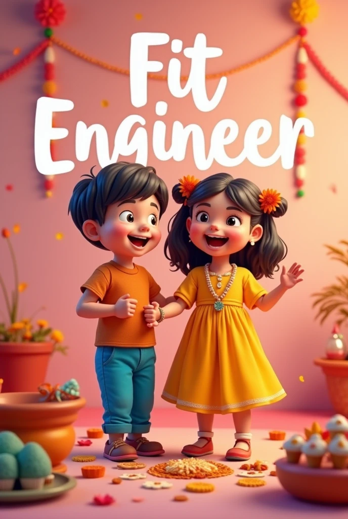 Create image give text fitengineer in the background in bold font with light colour and Also a Happy Raksha Bandhan with the small siblings
And they are saying happy raksha bandhan a boy and girl
