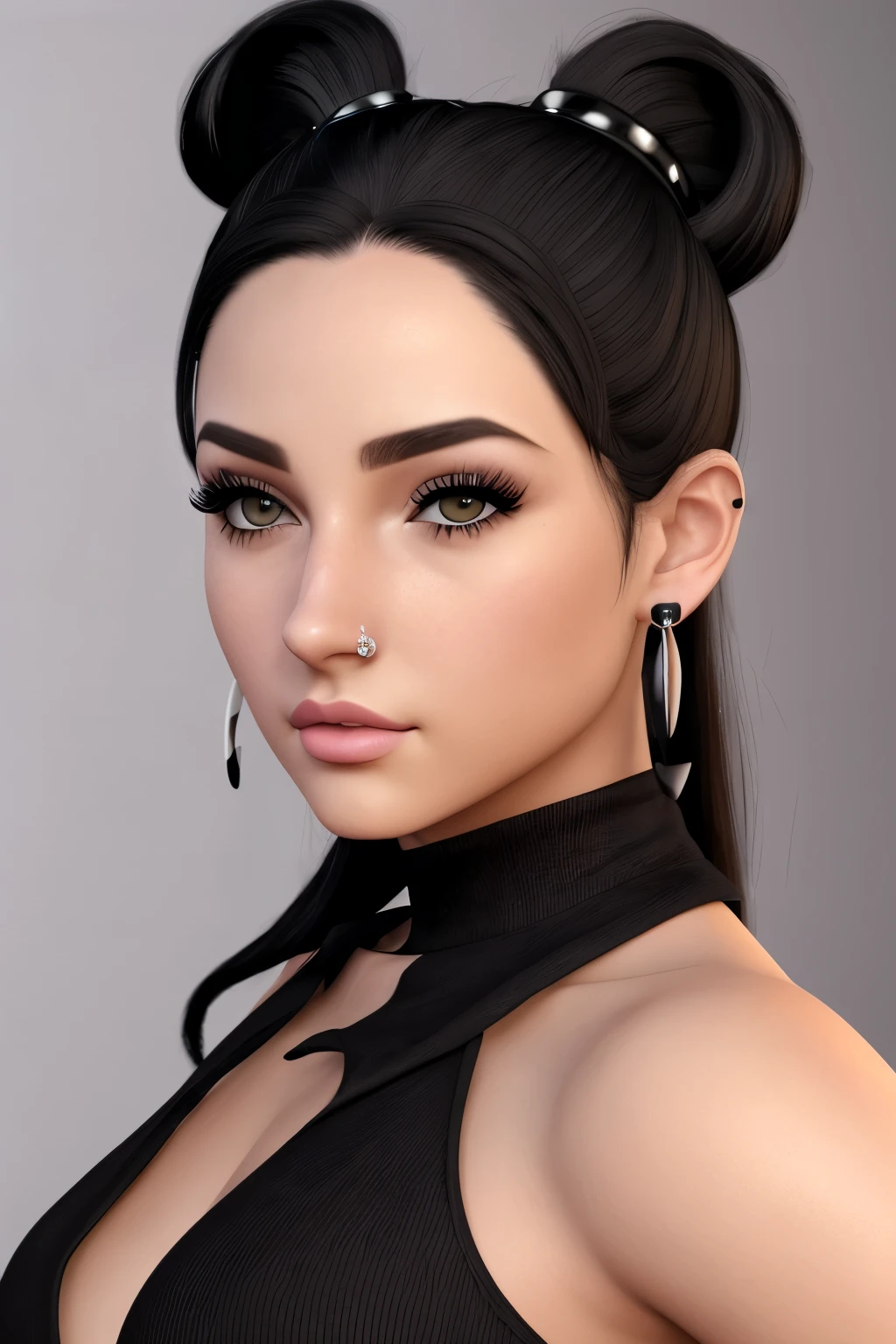The face of a young woman, dark eyes, black pigtails, nose piercing, ear rings, full lips, index finger in front of the lips, head on side, detailed face, realistic, datailed lips, busty