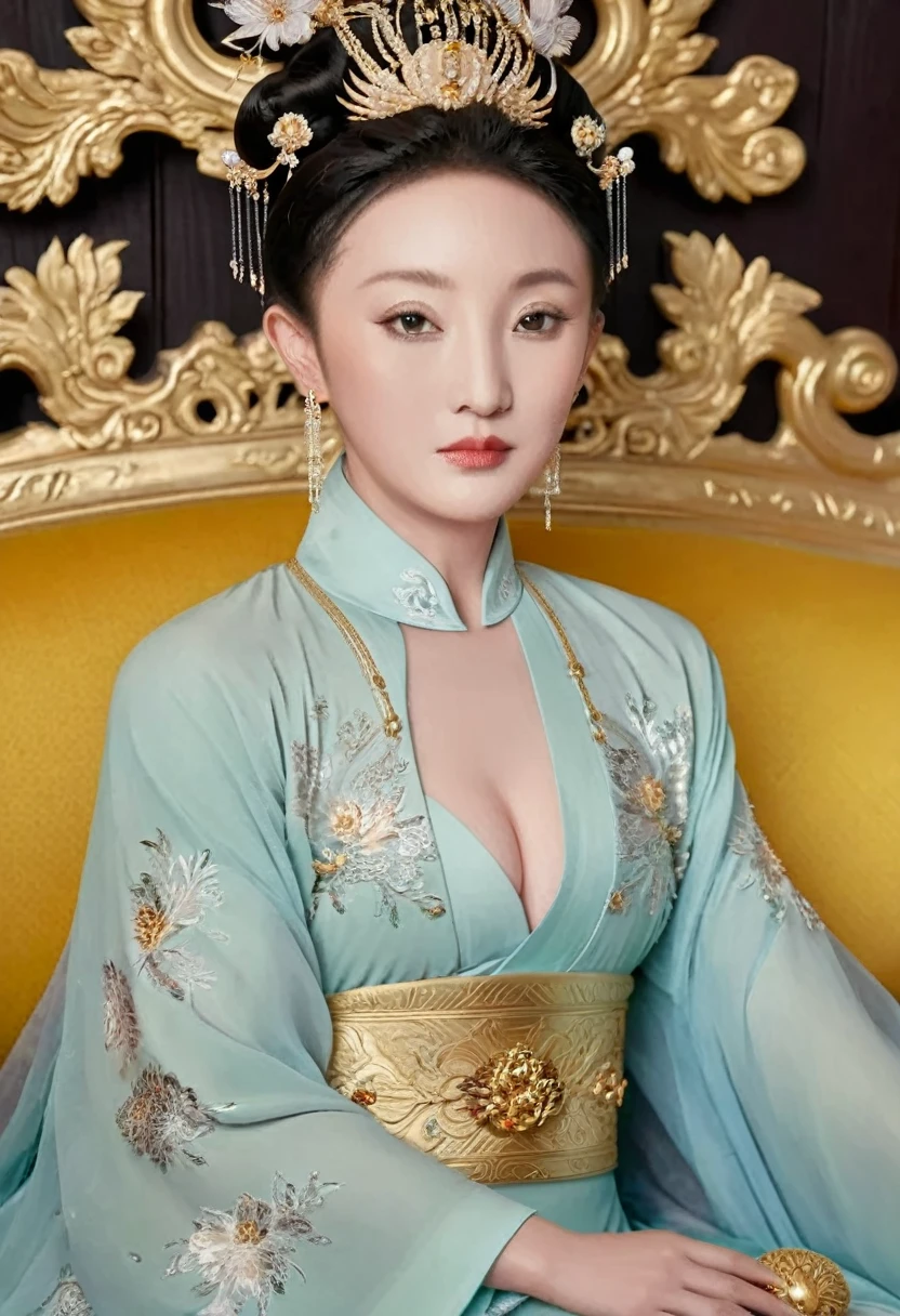 A lavish Empress from the Qing Dynasty era in China, seated on a large golden sofa, completely naked, with her large breasts and massive buttocks protruding as she faces away, her face visible.(Porn Pose) A gorgeous Chinese imperial empress with her hair tied on both sides and wearing a crown、Background of kinky and erotic woman tying her hair、The story is set in the luxurious rooms of an empress in the Chinese imperial court during the Qing dynasty.。