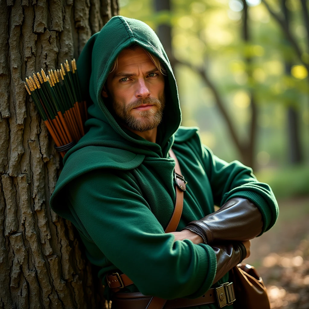 Green Arrow as a medieval thief, attractive 35 year old man, blond hair and goatee, green costume with hood made of wool, holding a bow in one hand and a bag of coins in the other, quiver on his back, he is leaning against a tree, in a sunlit forest, cinematic angle, best quality, masterpiece, perfect anatomy, highres, ultra-detailed, 8k, detail, unique, aesthetics, HDR, Photorealistic, Hyperrealistic, Hyperdetailed, analog style, soft lighting, subsurface scattering