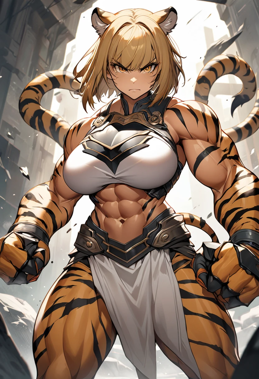 1woman, solo, short bob, tiger girl, large breasts, abs, chest plate,  waistcloth, Beastly limbs, Humanoid face and body, Powerful claws, Tiger ears, Tiger stripes on cheeks, standing, Serious face, fighting pose, 