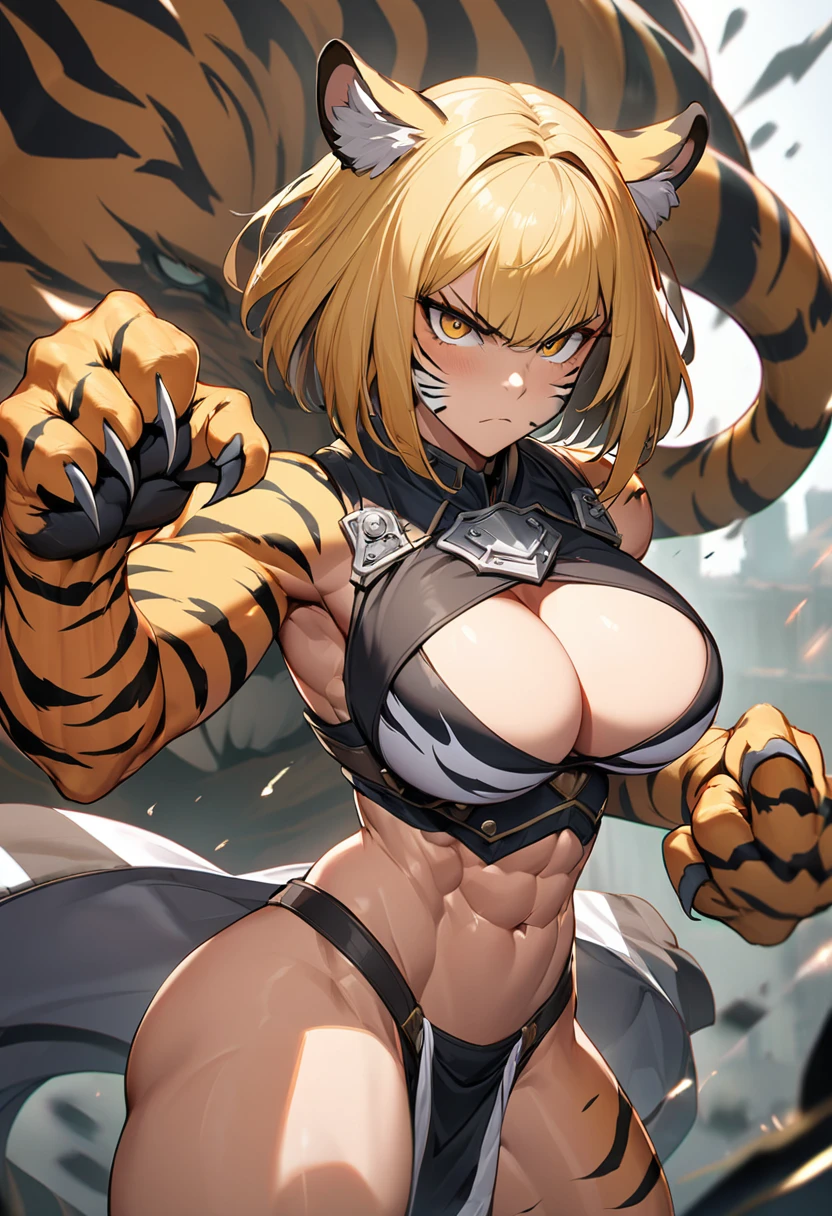 1woman, solo, short bob, tiger girl, large breasts, abs, chest plate, waistcloth, Beastly limbs, Humanoid face and body, Powerful claws, Tiger ears, Tiger stripes on cheeks, standing, Serious face, fighting pose,