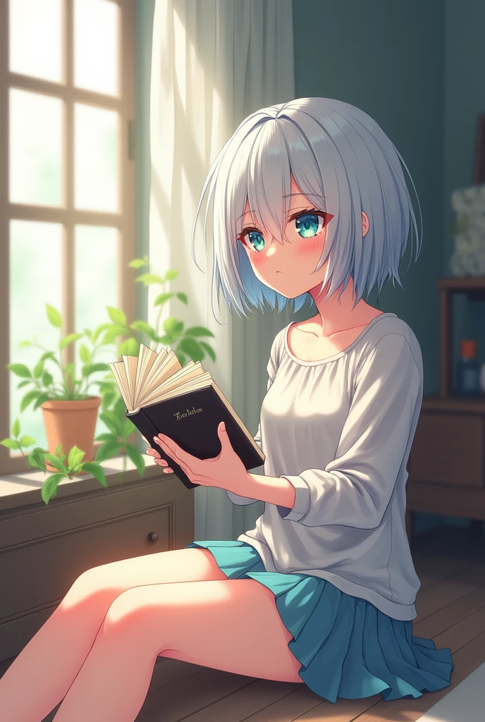 anime style, young adult woman, with one blue eye and one green eye, short white hair.
The woman is lying on the floor looking up..
Her legs are raised and resting on the wall., creating a horizontal angle with your body.
He is holding a book with both hands, which is reading in a relaxed manner.
The camera is positioned to the side,, allowing it to capture both your relaxed posture and the characteristics of the environment, including the wall where your legs are resting and the windows that let in natural light..