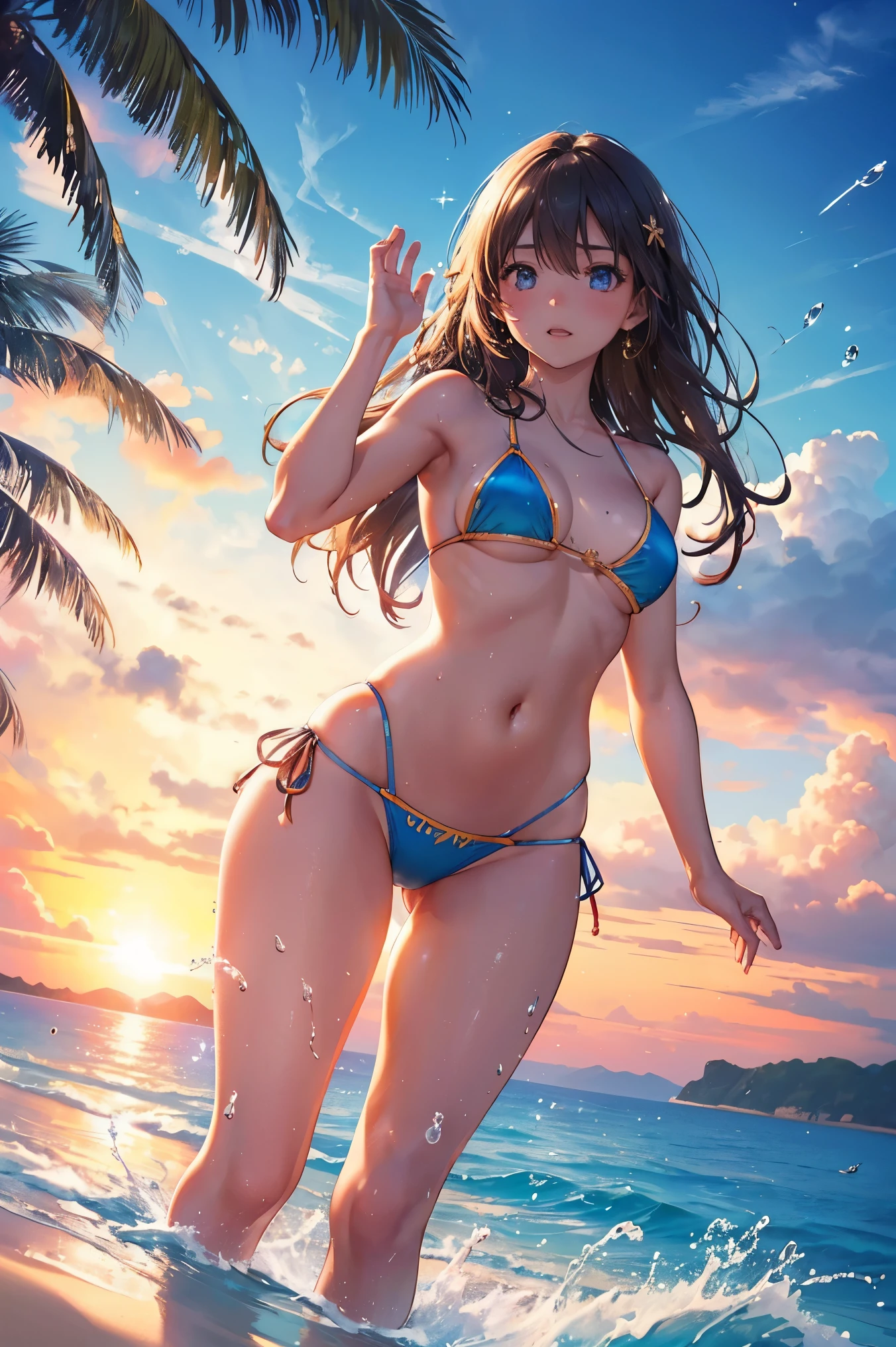 (Highest quality,4K,8k,High resolution,masterpiece:1.2),Very detailed,(Realistic,photoRealistic,photo-Realistic:1.37),Hot,speed,water,null,bikini,Queen,Summer heat,Wet Hair,intense expression,Glowing Skin,Golden sandy beaches,Palm tree,sunset,Bright colors,ripple,speedboat on the horizon,Captivating Gaze,Sunburned skin,Bronze tanned body,Beach-like atmosphere,hilarious pose,Bright sunlight,clean blue null,splashing water droplets,frozen moment, And adventure,Self-confidence and empowerment,Immerse yourself in the joy,Queen of the beach,Stunning beauty,果てしないnull,sparkling water surface,Seamless movement.