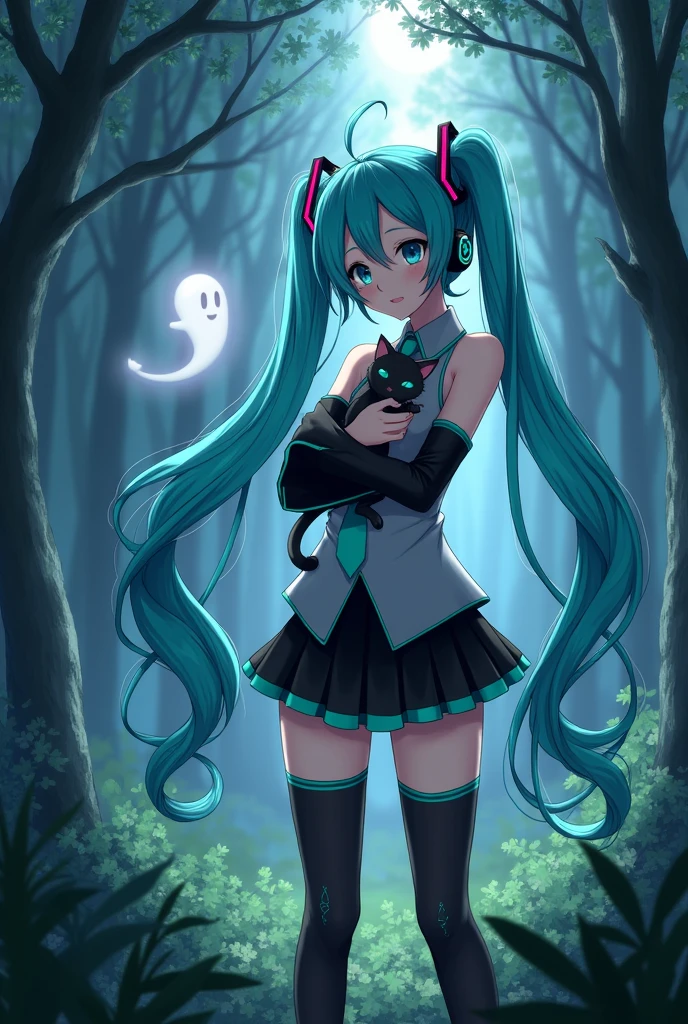 Anime art, anime style, detailed drawing, beautiful forest background background, high definition, high quality, one girl, solo, Hatsune Miku, aqua hair, twin tails, headphones, number tattoo "01" (red, located on her right hand), grey sleeveless collared shirt, black detached sleeves with aqua lines, five fingers with aqua nails, aqua necktie, black pleated mini skirt with aqua lines, zettai ryouiki, thigh-high black boots with aqua lines.

Get example from this image: https://vocaloidespanol.fandom.com/es/wiki/Hatsune_Miku?file=Hatsune_Miku.png

Miku Hatsune hugging a black cat in the night; there is ghost following her behind