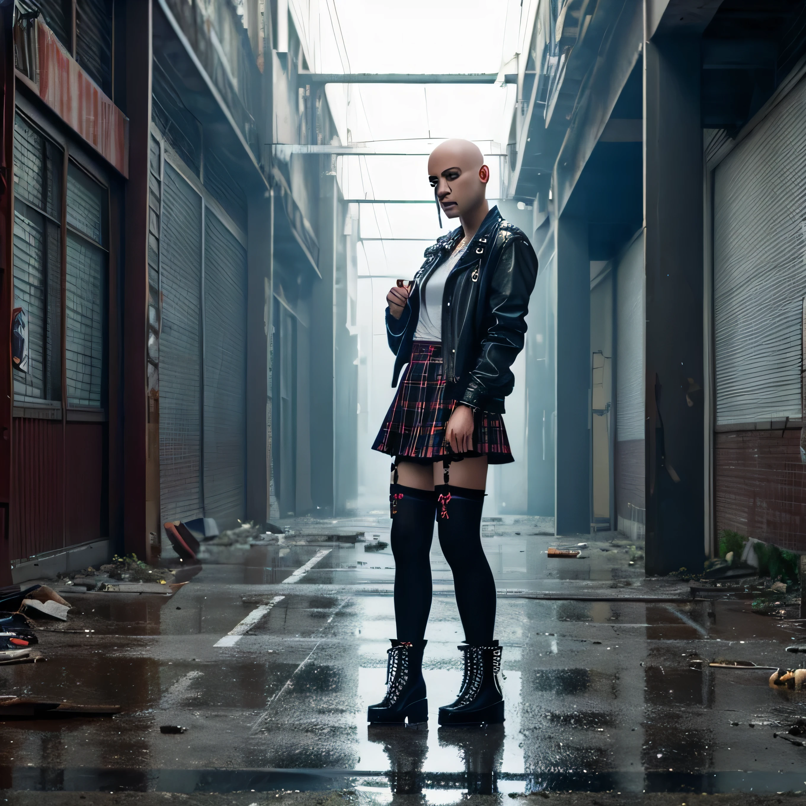 A beautiful bald girl in punk clothes, a plaid skirt, ripped stockings, and high boots sits on her haunches in an abandoned building, crying and smoking a cigarette. , It's raining outside, neon evening, realistic portrait sad girl, beautiful bald girl