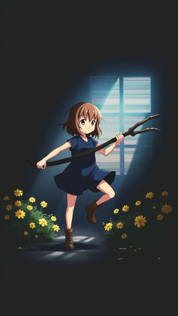 anime girl, having piece of tree branch, horizontal stripes of light blue and pink, blue shorts, brown boots, narrow eyes, semi long brown hair, golden flower garden, dark place