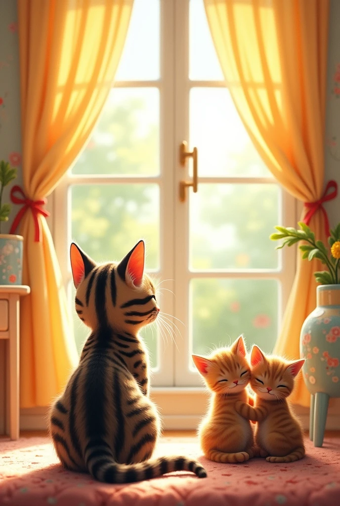 A cute room with a large window and curtains. A kitten sitting by the window, showing its back. Tabby cat with black stripes, beautiful in detail.  Cute and heartwarming.  Two kittens' tails form a heart shape.