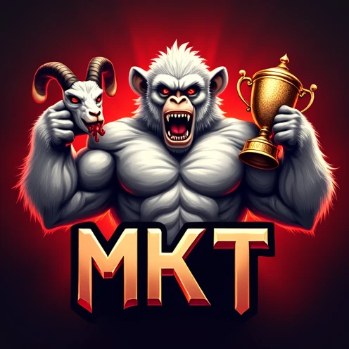 Design an e-sports logo featuring a muscular albino monkey holding a bleeding goat's head in its left hand and a trophy in its right hand., And in front, the acronym " MKT " black with a red image background
