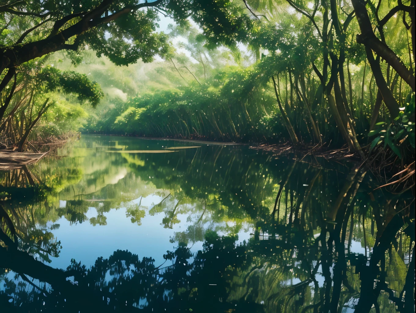 a mangrove forest, dense mangrove trees, lush green vegetation, sunlight filtering through leaves, winding waterways, reflections on the water, aerial view, tropical atmosphere, intricate root systems, winding paths, dappled shadows, serene and peaceful, nature photography, cinematic lighting, vibrant colors, hyper realistic, 8k, masterpiece