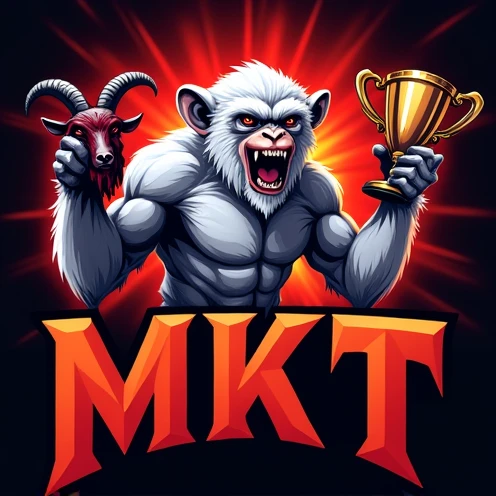 Design an e-sports logo featuring a muscular albino monkey holding a bleeding goat's head in its left hand and a trophy in its right hand., And in front, the acronym " MKT " black with a red image background