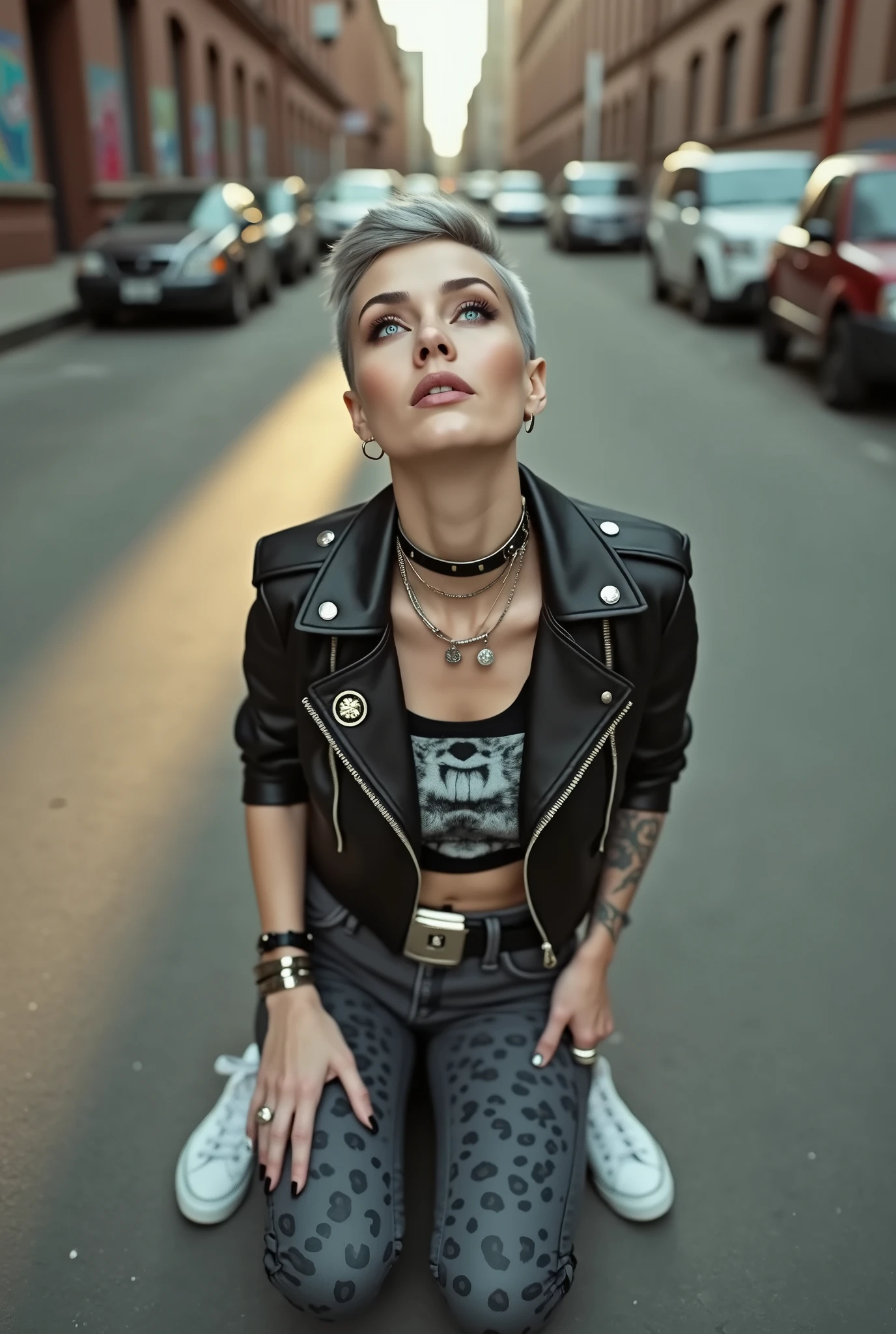 russian milf woman, grey hair (quiff shaved sides), with very light blue eyes, extremely pale. Wearing cropped black moto jacket (badges on lapels), tank top with rock logo, dark grey skinny leopard print leggings and white tennis sneakers. Lots of metallic wide silver bracelets, a tacky chain and a padlock as a collar. Tacky studded leather belt with oversized chanel buckle. long earrings. Kneeling looking up, eyes and mouth wide open in amazement. Tilted head. Tattooed. Hands on her knees. Chin up, looking up listening in amazement to God. Well toned abdominals, thin legs and thin arms.