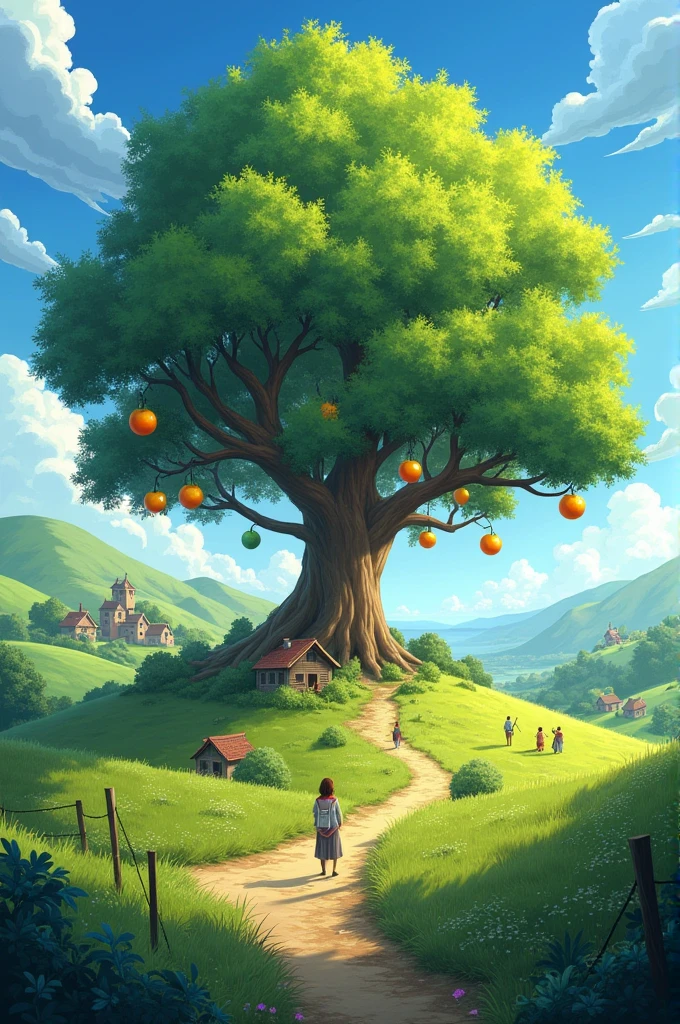 A picturesque village with rolling hills and a large, majestic tree at its center. The tree has sparkling leaves and glowing fruit. The background is a sunny day with clear blue skies.