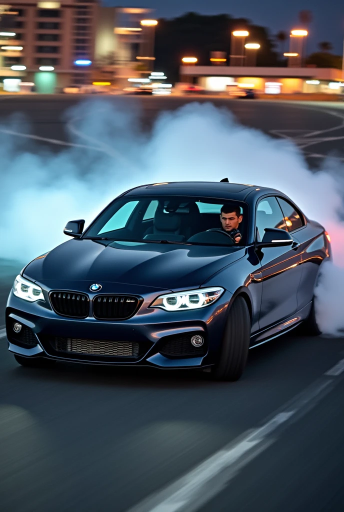 
the best quality of a bmw car in drift with a driver inside the cabin