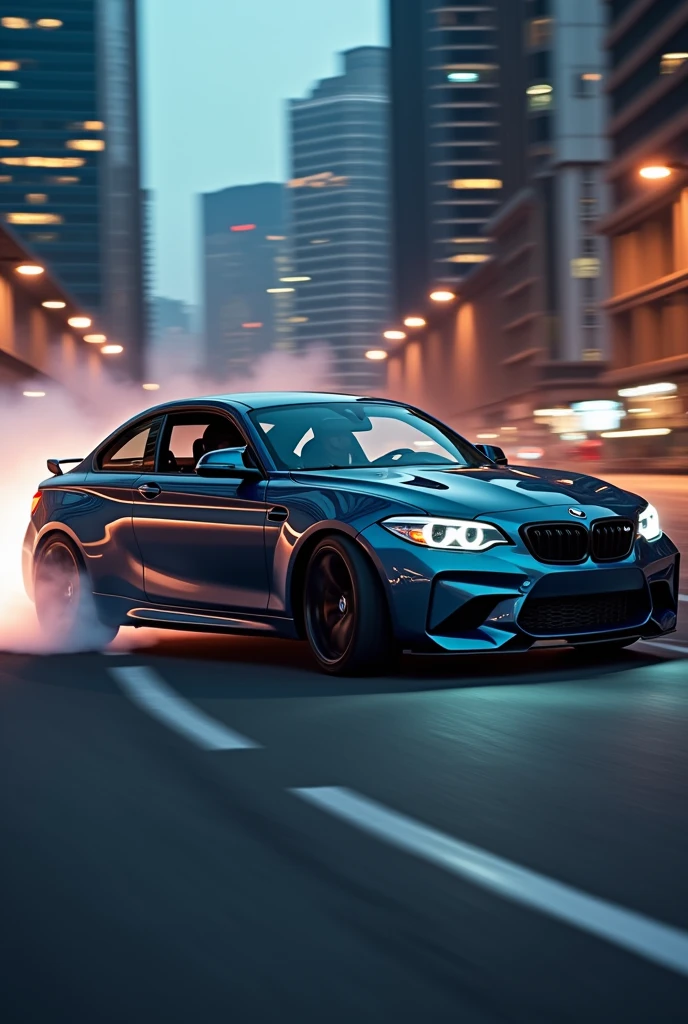 
the best quality of a bmw car in drift with a driver inside the cabin