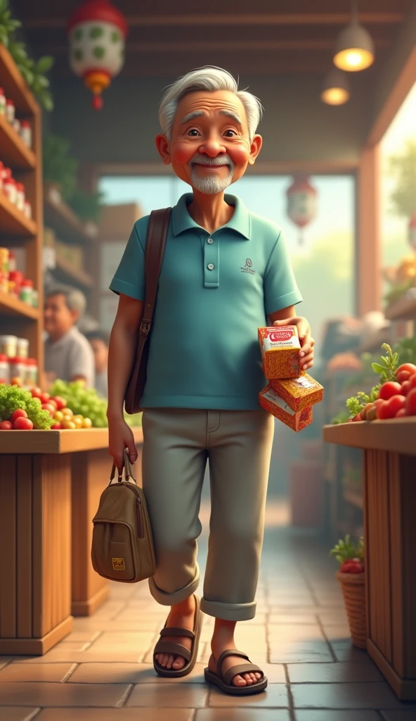 Mr. Tu is an old man over 60 years old., skinny, dark skin, short neat silver hair. He wore a light blue short-sleeved shirt., light gray khaki pants, brown rubber sandals. His face was full of wrinkles but gentle and cheerful.. Uncle Tu bought instant noodles. Uncle Tu stopped by the grocery store to buy a few packs of instant noodles to eat at home for dinner.. 3D image