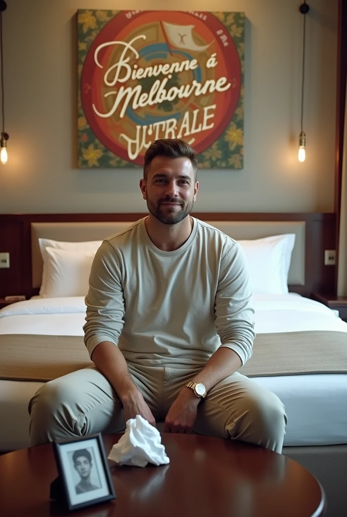 Homme caucasien grand de taille, charmant, un peu costaud, habillé en pantalon et tee-shirt manche longue, assis ou adossé sur une table dans une grande chambre d'hôtel, sur la table qu'il y ait également un papier mouchoir déjà utilisé sur la table et sur le lit de l'hôtel qu'il soit déposer un cadre photo grand ou moyen qu'il est possible de faire arrêter sur le lit et faire face à la caméra et sur le mur du chevet du lit un tableau sur lequel il est écrit en français : Bienvenue à Melbourne AUSTRALIE et autour de la phrase qu'il y ait les emblèmes du CANADA QUÉBEC ou le drapeau du CANADA QUÉBEC