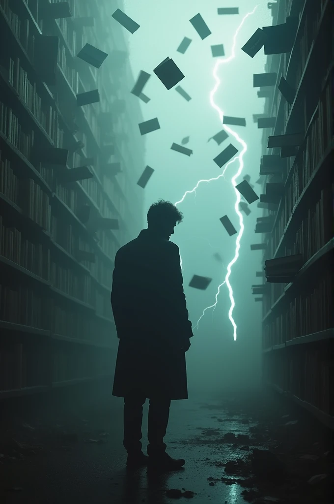 In the photograph, a man is somewhere far away in the dark, watching us. The man is seen from a distance, his face is in the dark.A dark and chaotic environment where books fly, lightning strikes. It shouldn't be a place like a library, just a little fog and books fly around.